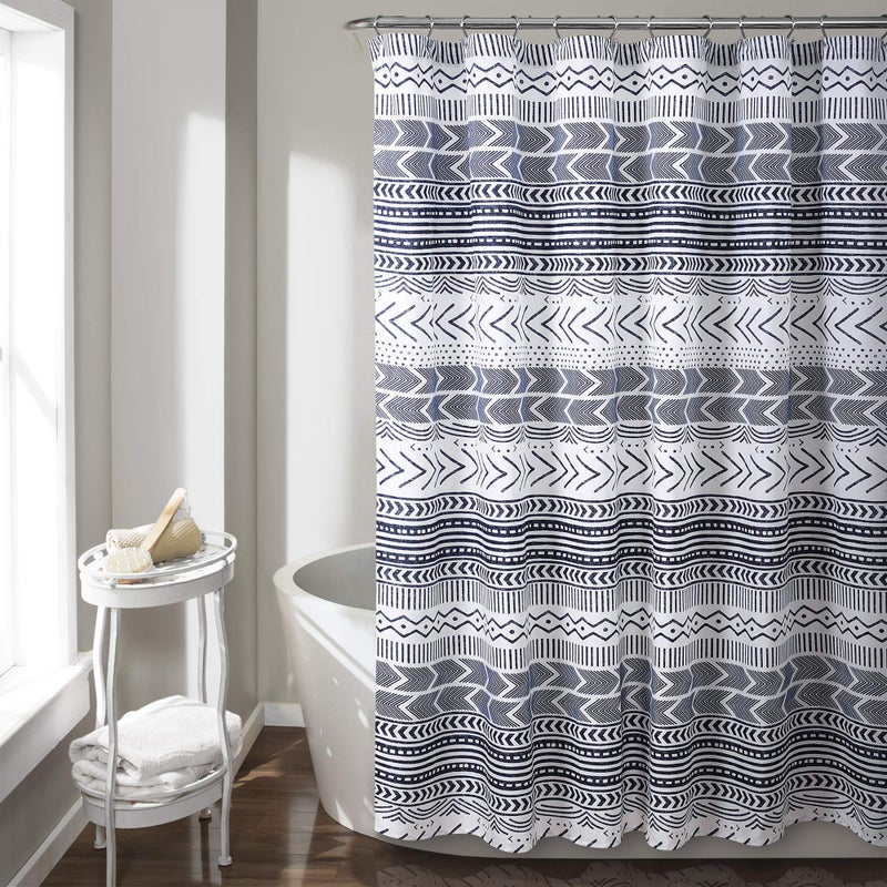 Lush Decor Hygge Geo Shower Curtain, 72" W x 72" L, Navy/White - Curtain For Bathroom - Striped Bathroom Decor - Navy Bath Accessories - Dark Blue Accessories - Geometric Scandinavian Print - Image 1